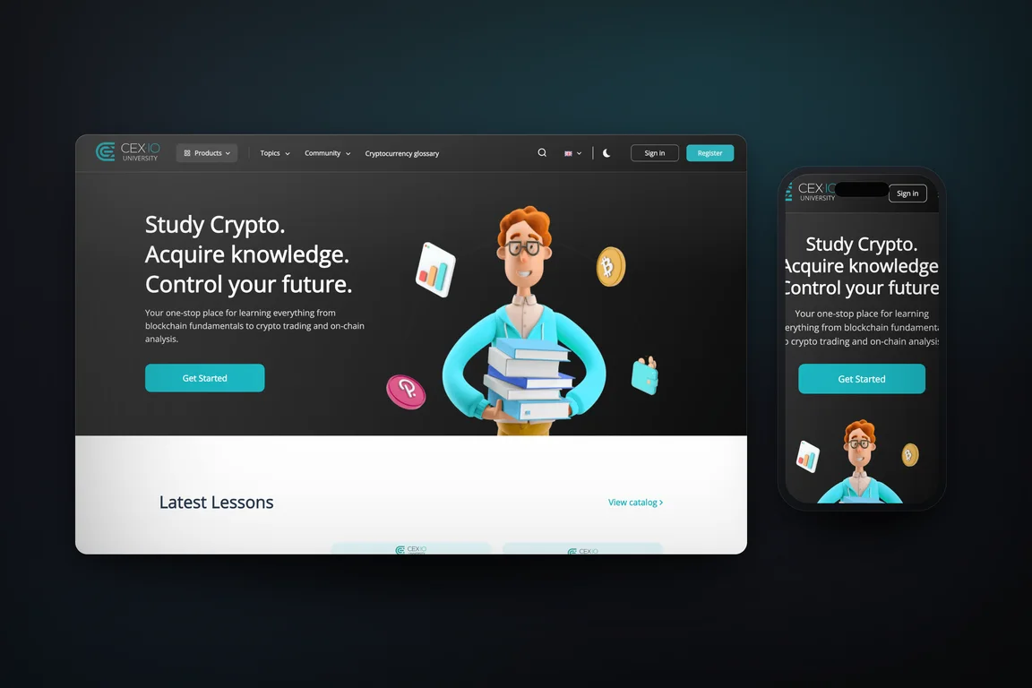 CEX.IO University - desktop and mobile screens